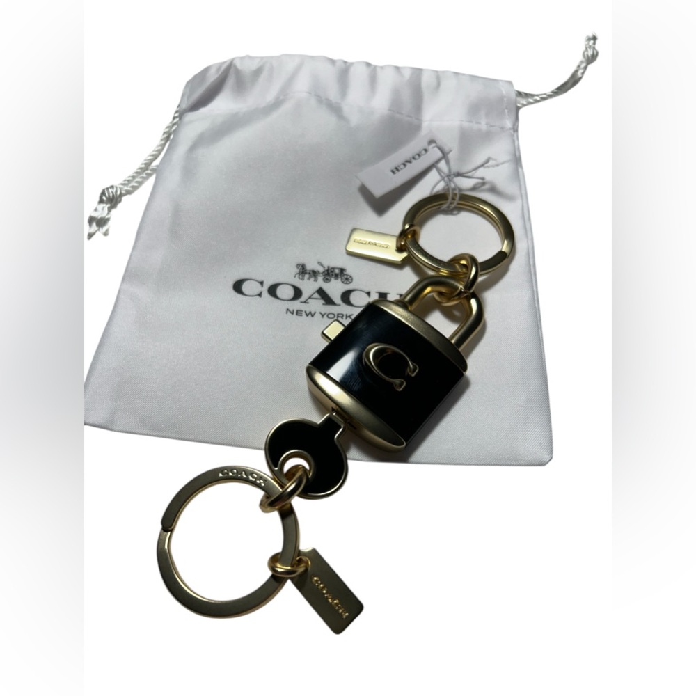 Coach Black & Gold Padlock Keychain with Key Charm